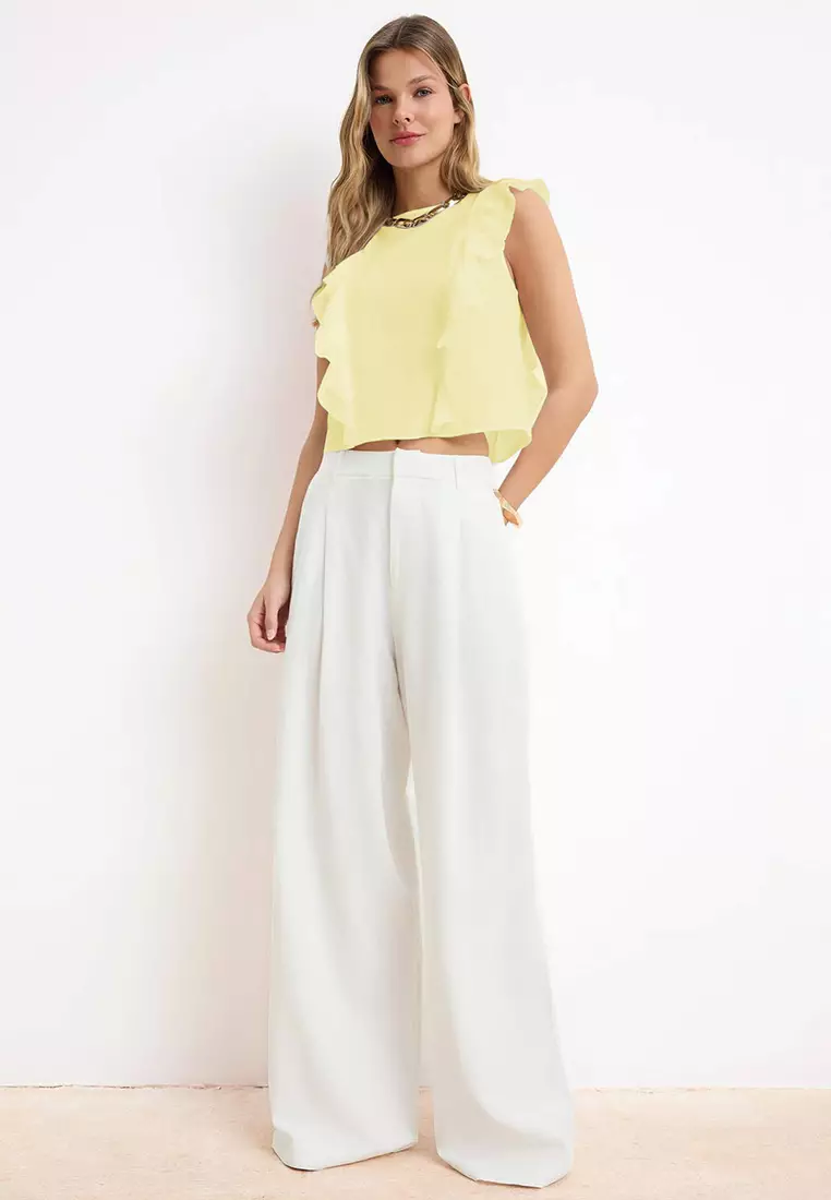 Yellow Ruffle Detailed Crop Length Semi-Sheer Woven Blouse Twoss26Bz43