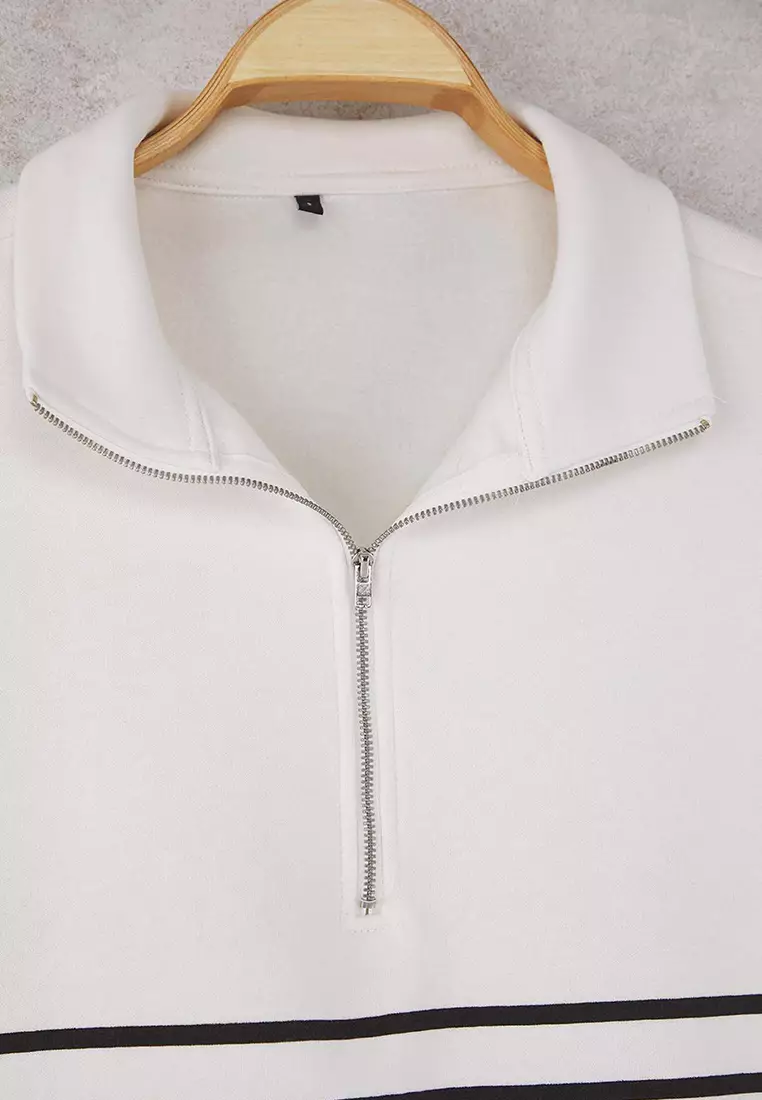 Ecru Striped Oversize/Wide Mold Zippered Thick Polar Fleece Knitted Sweatshirt