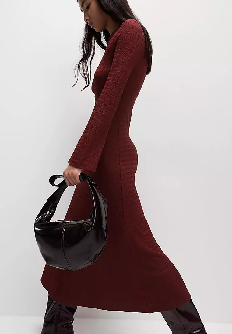 Textured Round Neck Midi Column Dress