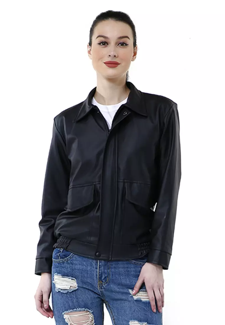 Poppy Jaket Kulit Wanita Big Pocket Motif Polos Material Leather ORIGINAL - Black