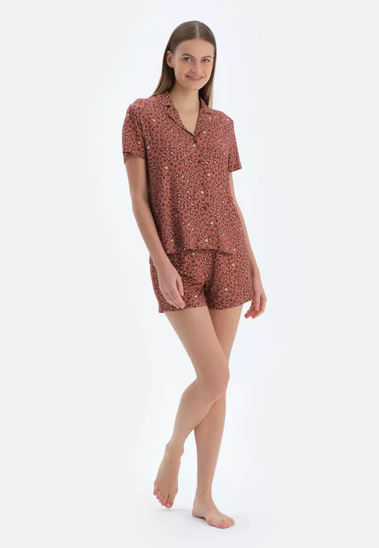 Terracotta Shirt & Shorts, Leopard, Shirt Collar, Regular, Short Leg, Short Sleeve Sleepwear for Women
