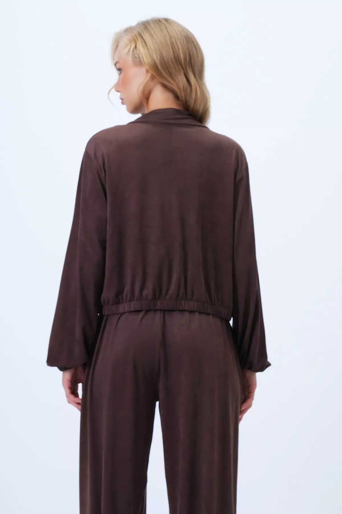 Women'S Bitter Coffee Stand Collar Zip-Up Soft Textured Suede Jacket Double Pocket Pants Suit Alc-X14445