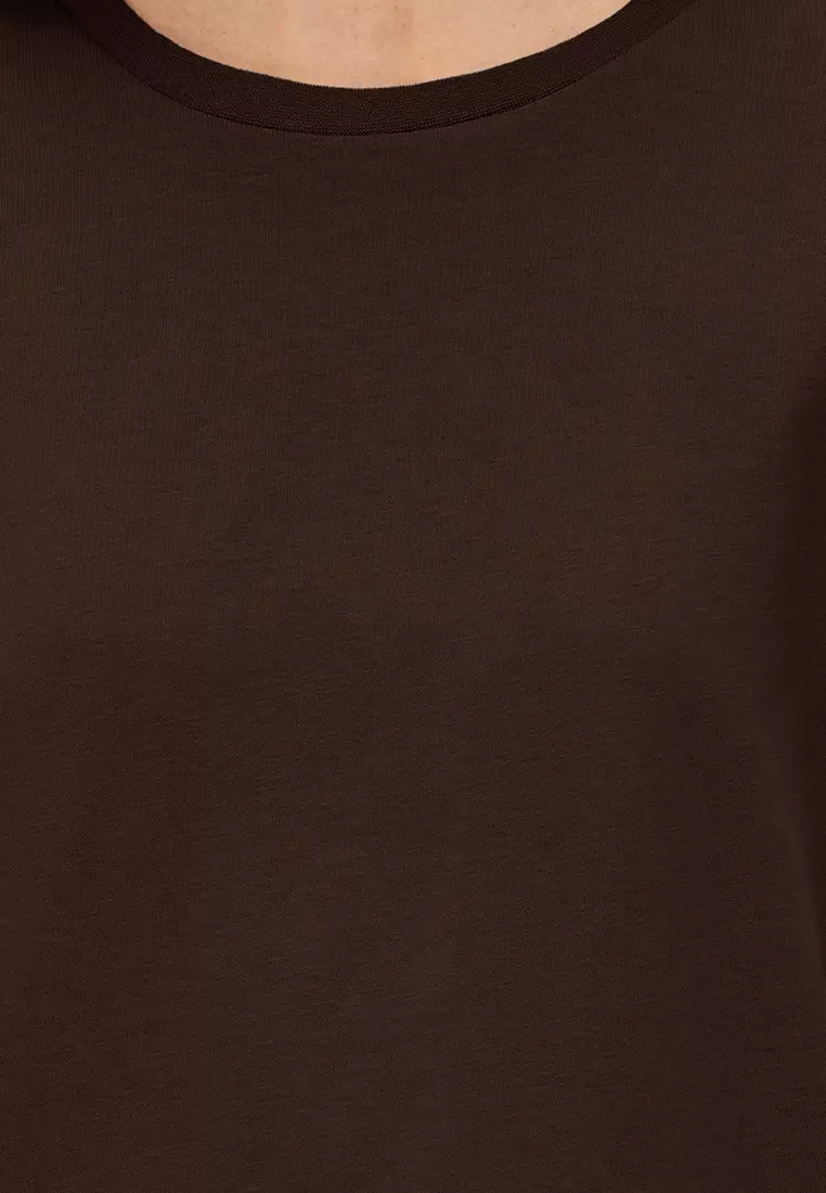 Brown 100% Cotton Basic Crew Neck Knitted T-Shirt TWOSS23TS00000