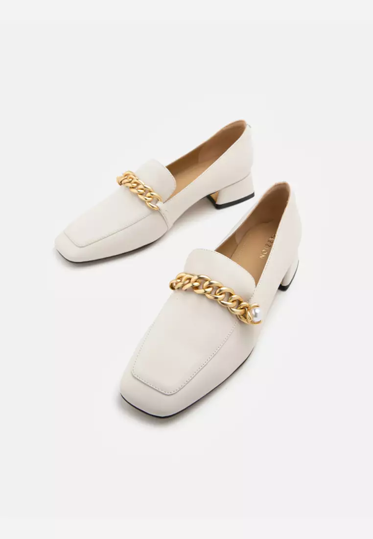Maisie Pearl Embellished Chain Loafer Heels Beige