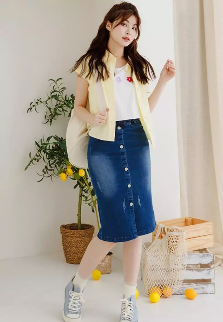 刷色排釦鬆緊腰頭Ａ字牛仔中長裙《CA1610》