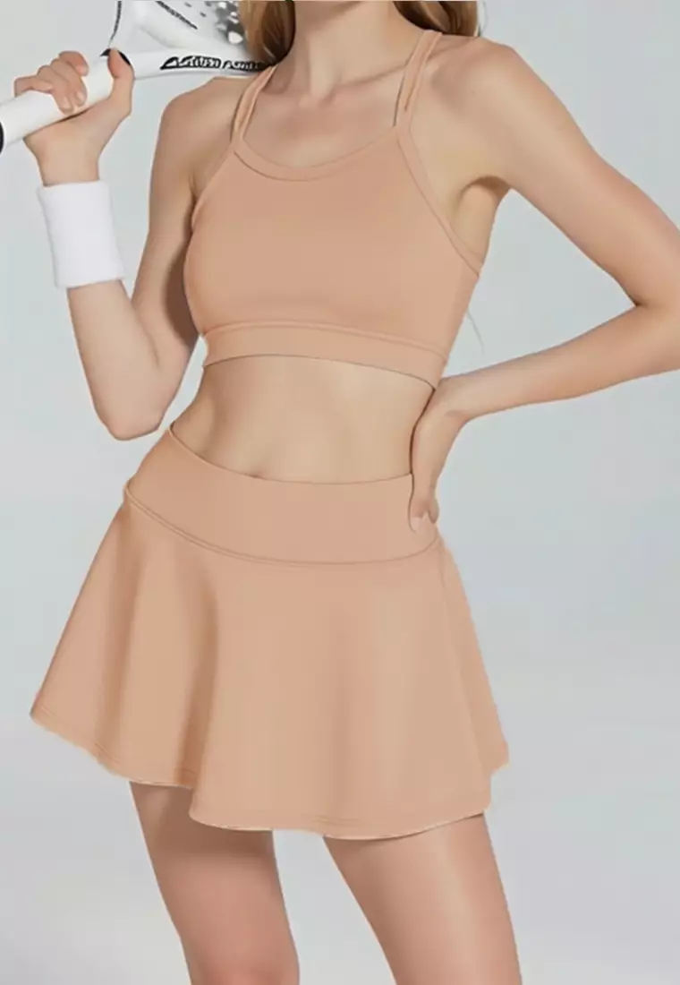 LB129 Rok Padel Tenis Wanita Legging inside Skort ada Kantong TdBolt coklat muda