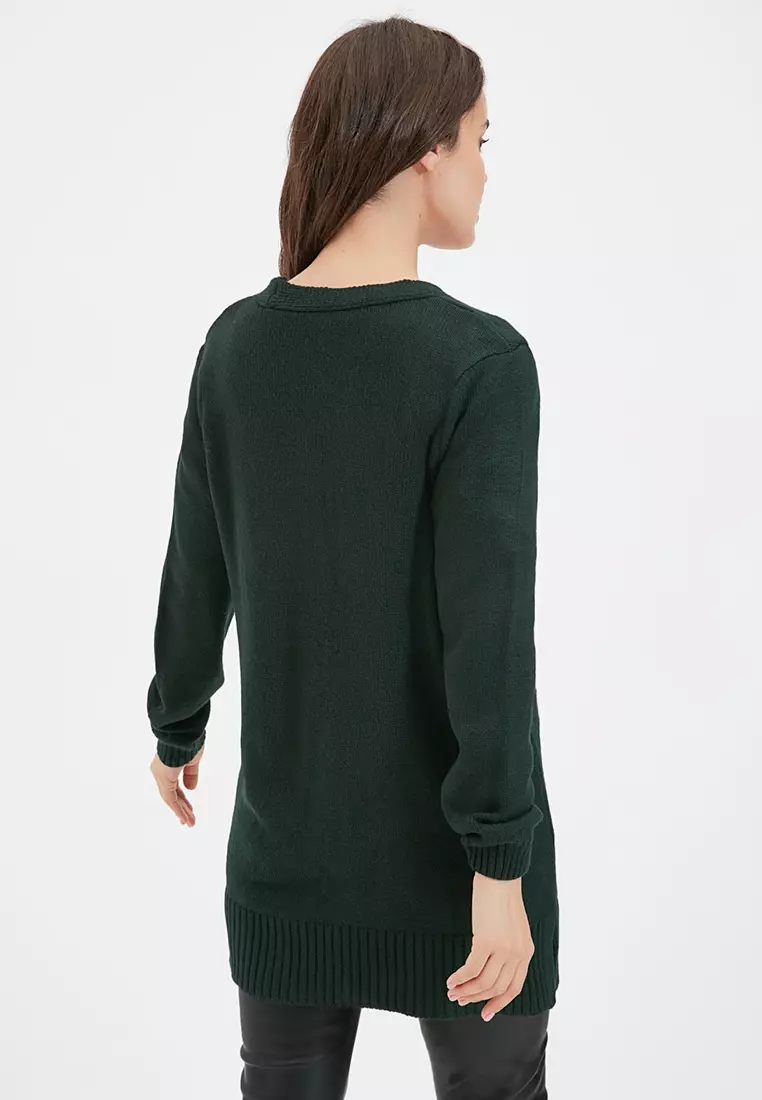 Dark Green V-Neck Long Knitwear Cardigan with Pocket Detail with Buttons