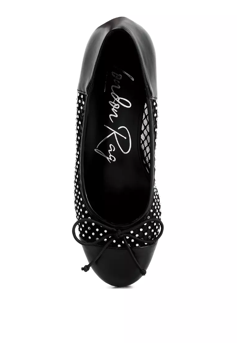 Rhinestone Detail Mesh Ballerinas in Black