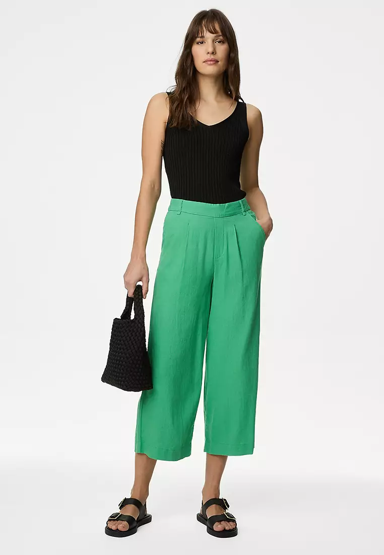 Linen Rich Wide Leg Cropped Trousers