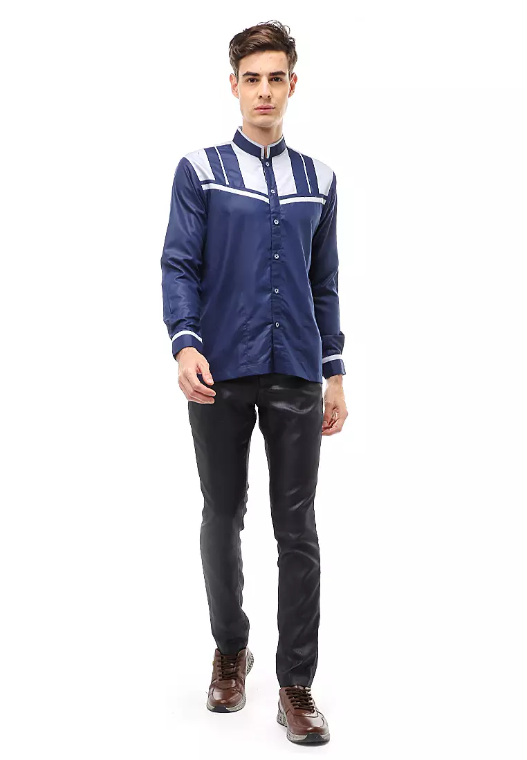 Dwan Atasan Formal Pria Kemeja Koko Beam Motive Long Sleeve Material Cotton ORIGINAL- Navy
