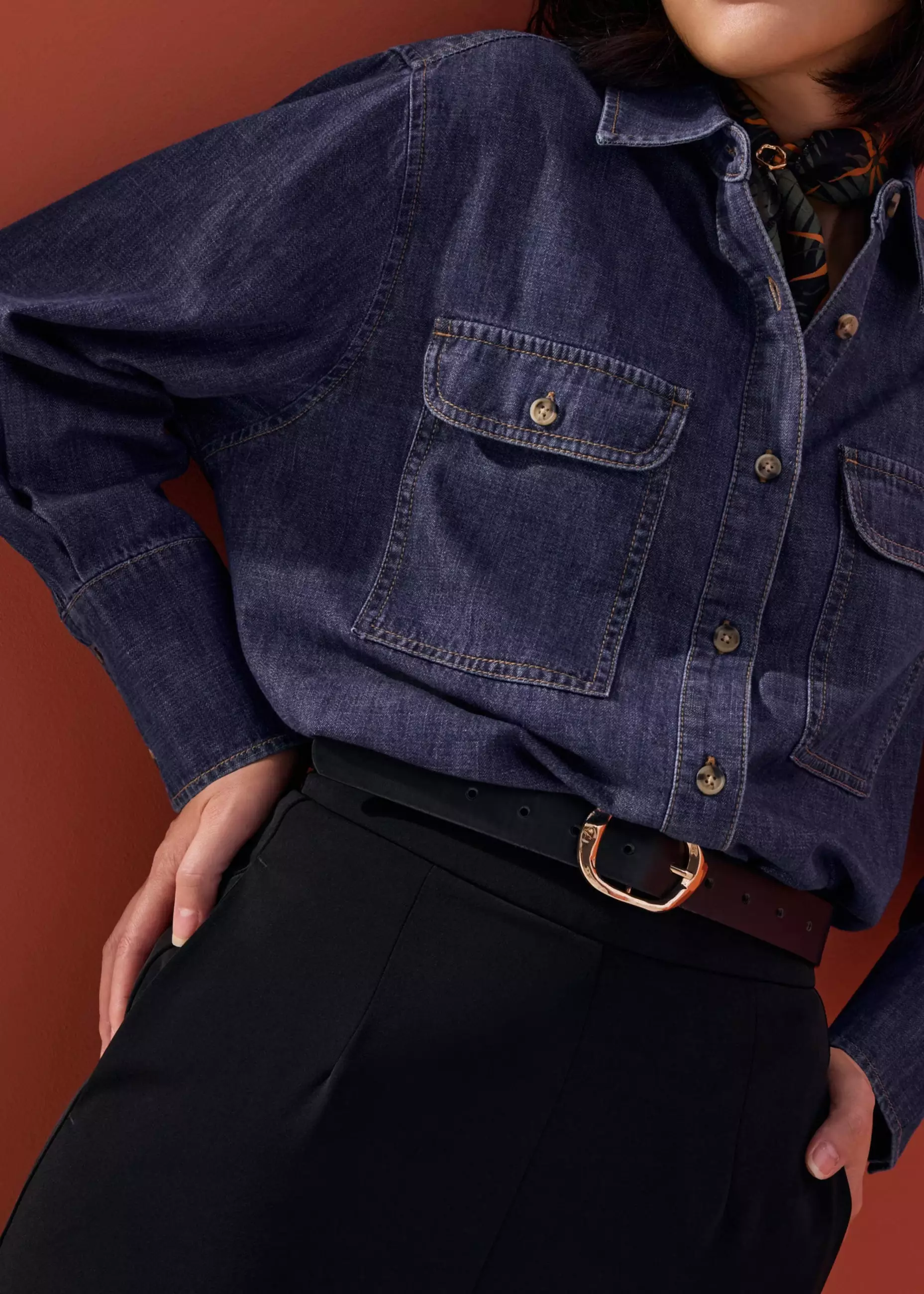 Atasan Wanita - Oversized Denim Drop Shoulder Button Down Shirt