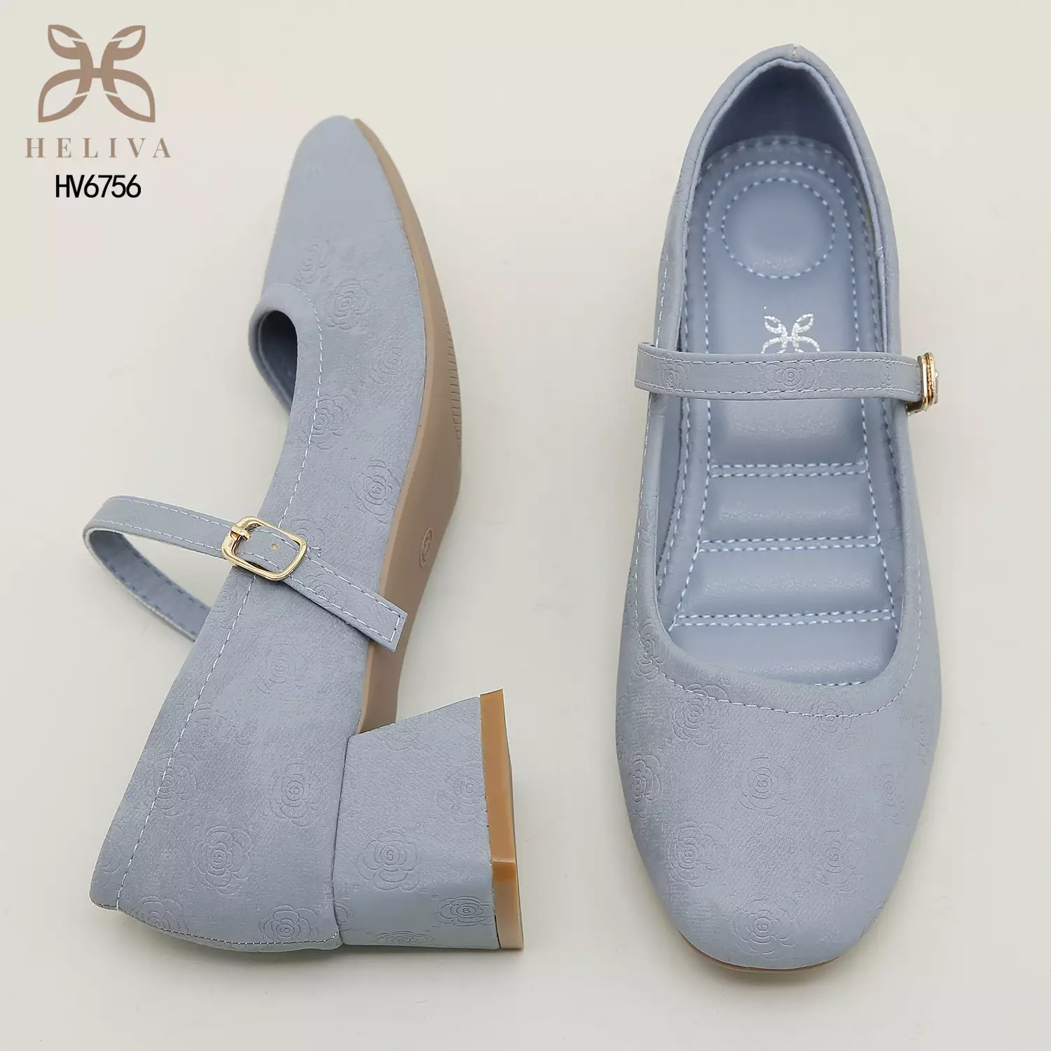 Heliva Kimmy Marry Jane Shoes Heels Chunky Embossed Flower Sol 5cm