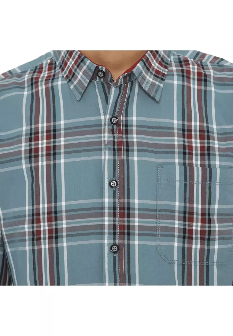 POLICE Kemeja Kotak Cotton Abu Regular Fit Lengan Panjang Pria