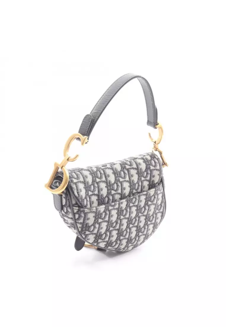 Pre-Loved Christian Dior saddle bag mini oblique jacquard Handbag canvas leather ivory Navy