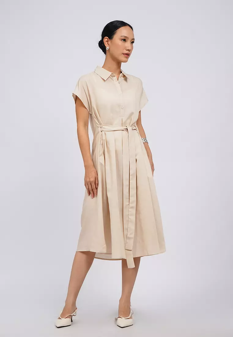 V-Neck Belted Midi Dress ECRU