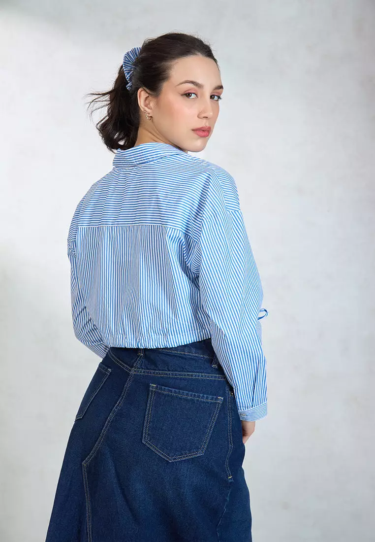 VIRGIO 100% Cotton Relaxed Tie Hem Striped Shirt