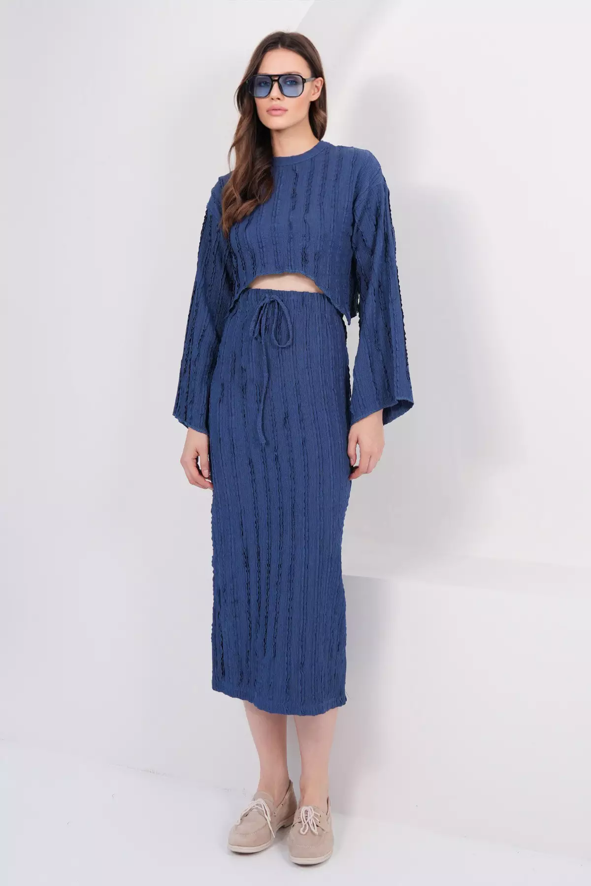 Navy Blue Asymmetrical Cut Blouse And Skirt Set With Stitching Detail Alc-X14808