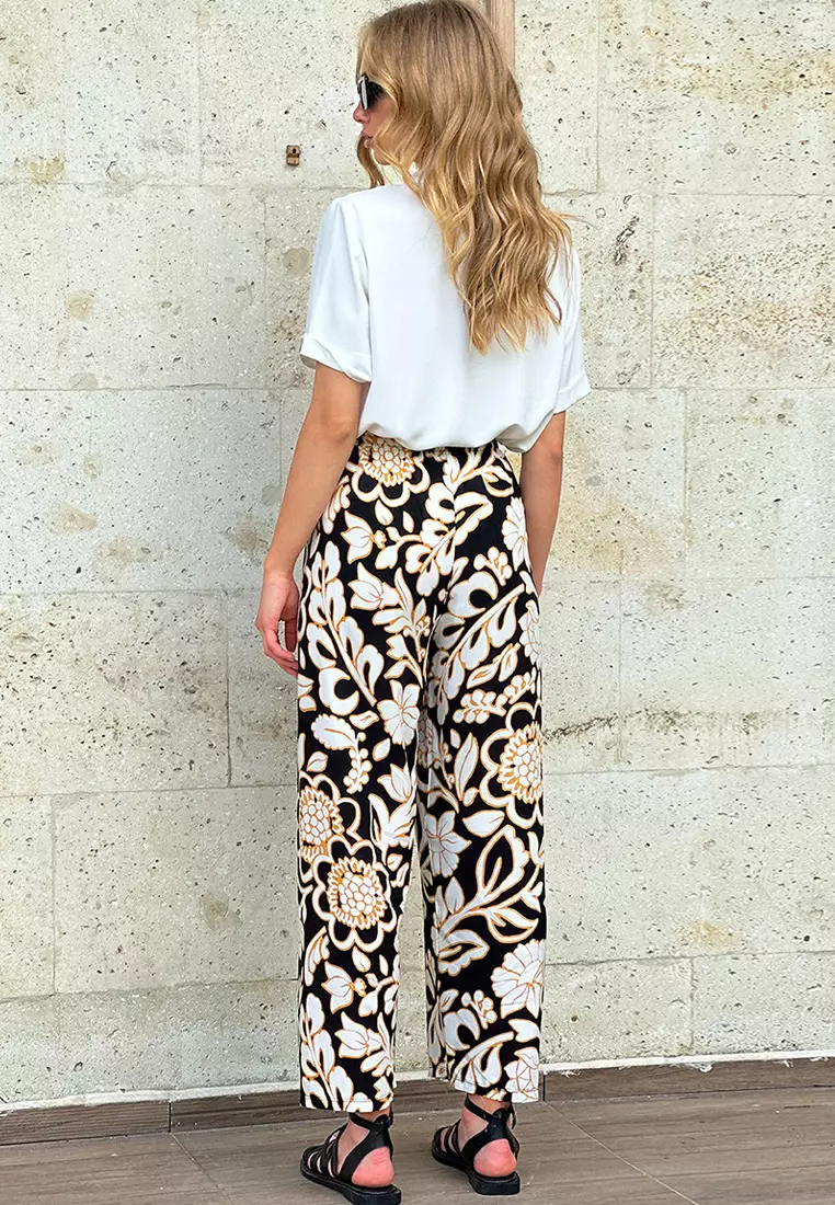 Women's Black Patterned Woven Viscose Trousers