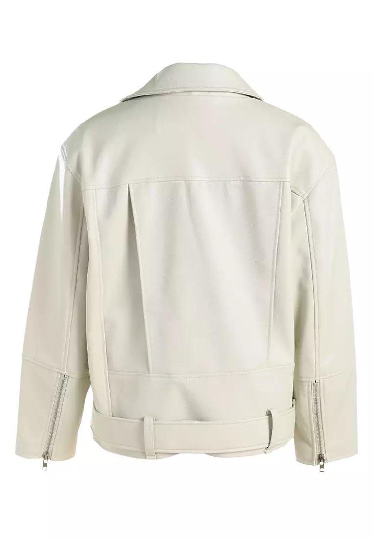 Unisex Belted Oversized Biker Jacket in Stone