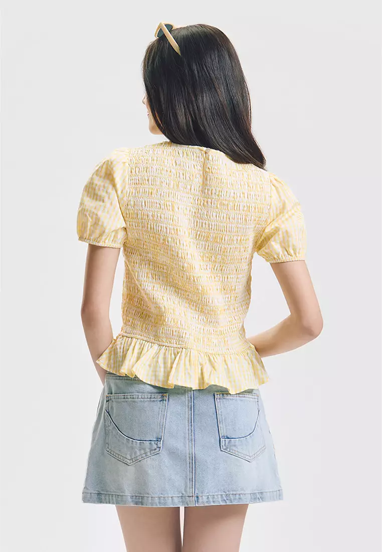 Short Sleeve Smocking Gingham Print Top