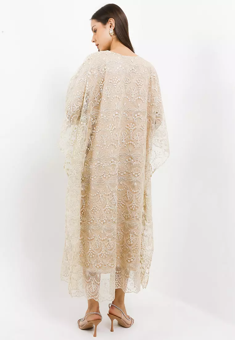 Embellished Gold Emb Tulle Batwing Kaftan