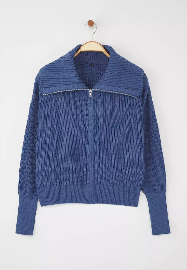 Indigo Wide Fit Turn-Down Collar Zip-Up Knitwear Cardigan Twoaw24Hi00072