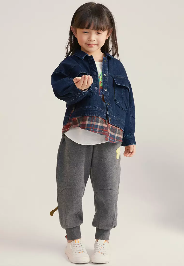 女大童牛仔衣假两件拼接格纹衬衣帅气外套