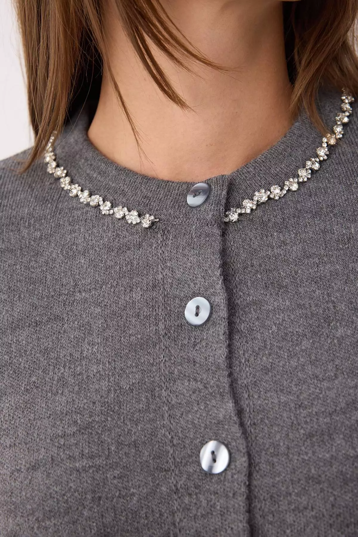 Anthracite Stone Detailed Soft Textured Double Knitwear Cardigan Blouse