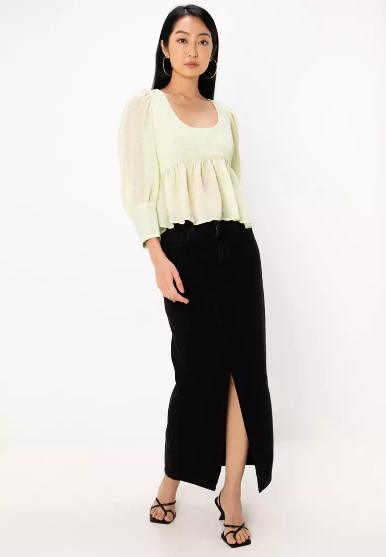 Shirred Peplum Top with Deep Cuff