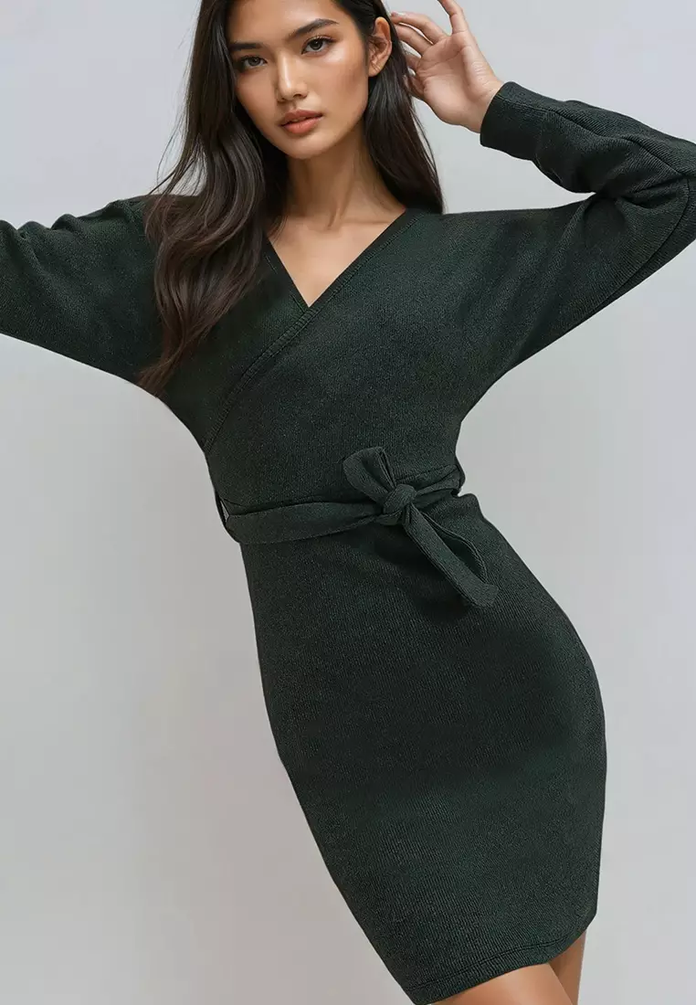 Women's Olive Green Double-Breasted Batwing Sleeve Waist Belted Camisole Dress Alc-X7623