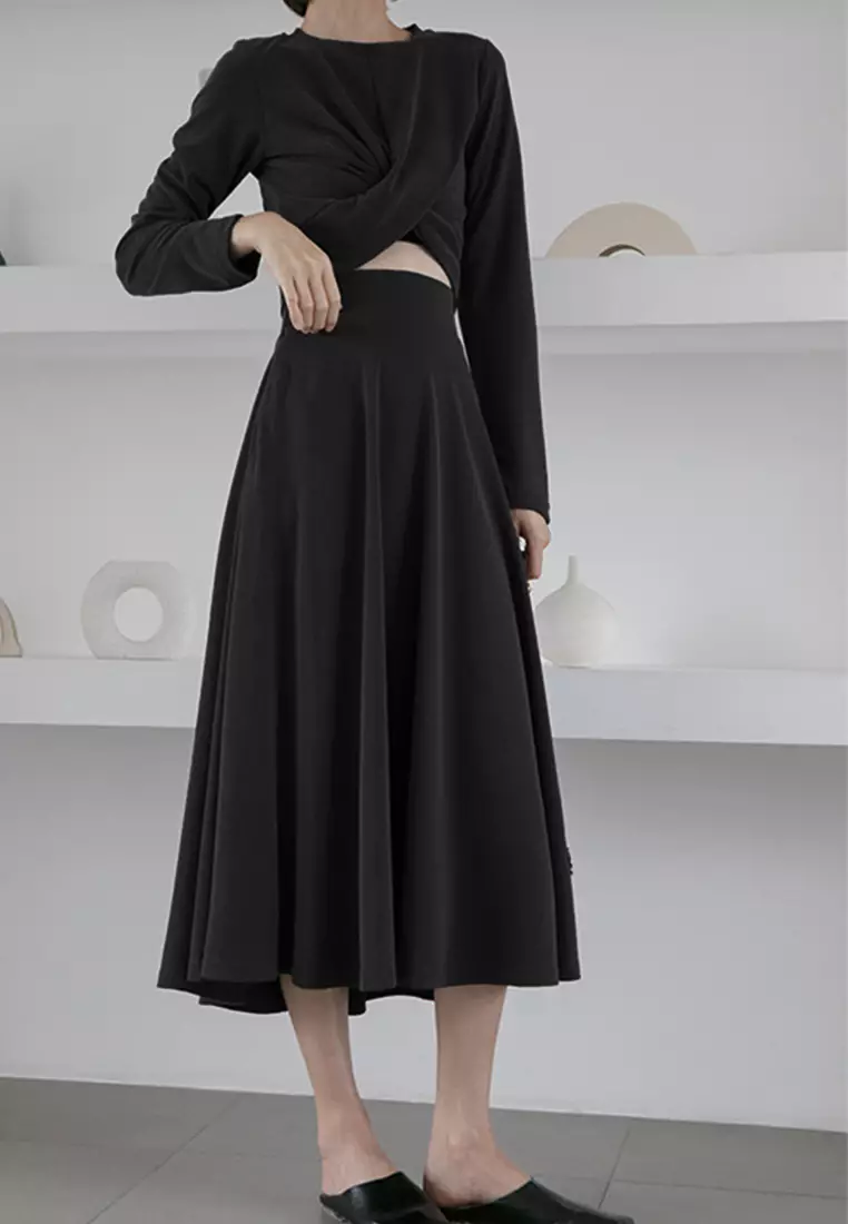 Knotted Long Sleeve T-shirt + Half-length Skirt Suit CA100814BK