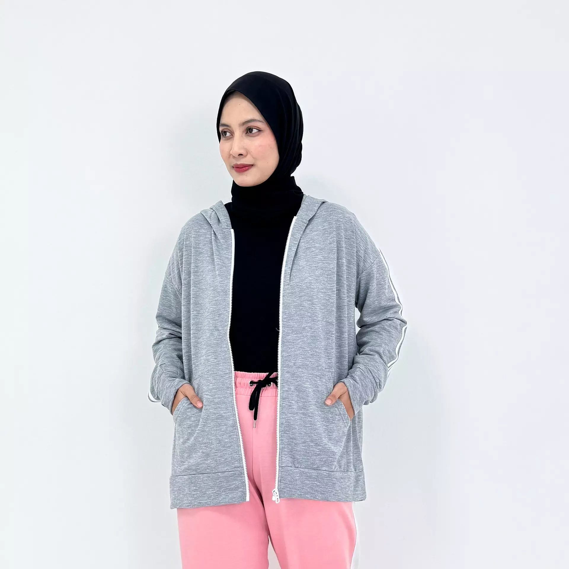 Set Sporty Mandasya | Setelan Hoodie Olahraga Wanita ABU - PINK