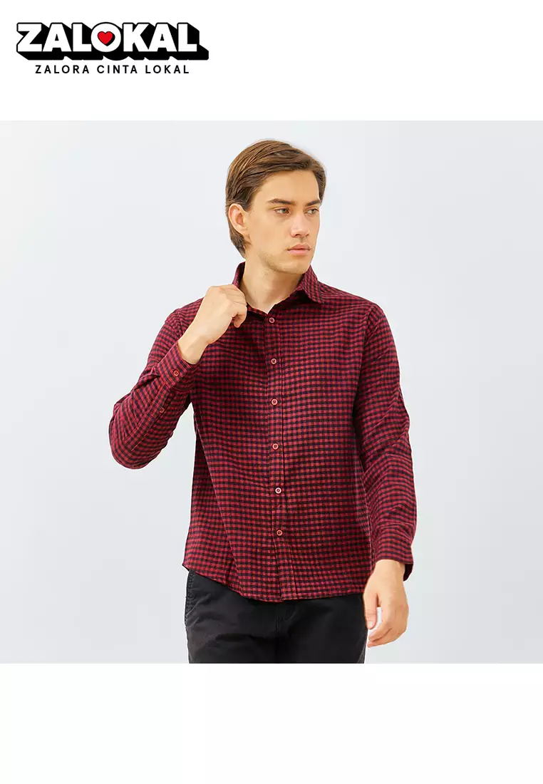 PAULMAY Kemeja Flanel Pria Lengan Panjang Merah 6706
