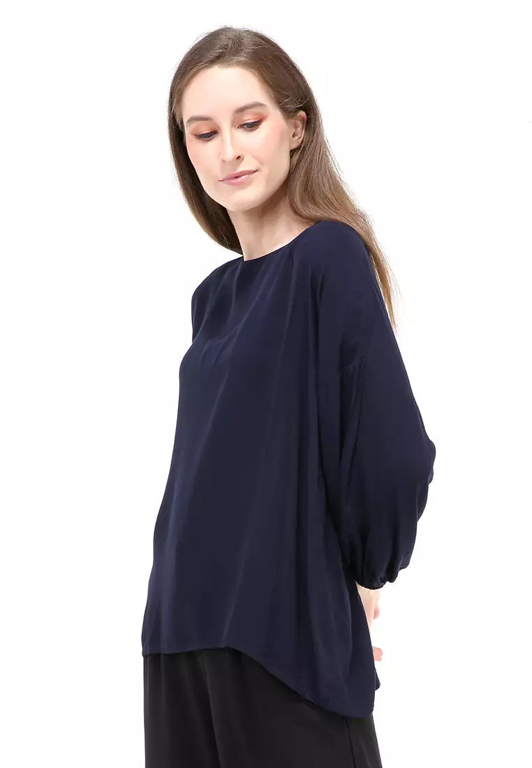 Jennifer Blouse Long Sleeves Wanita Motif Polos Atasan Casual - Navy