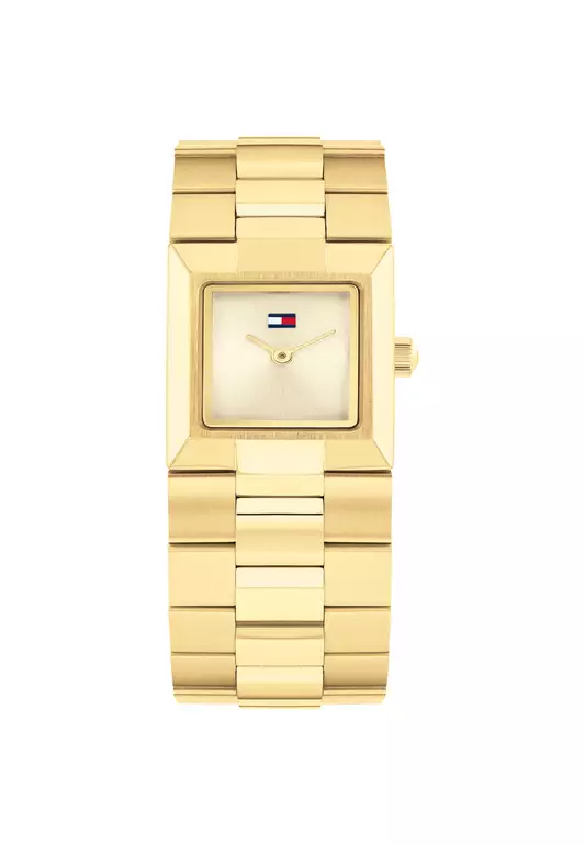 Women's Ionic Plated Thin Gold Stainless Steel Bracelet and Light Champagne Quartz TH1782787