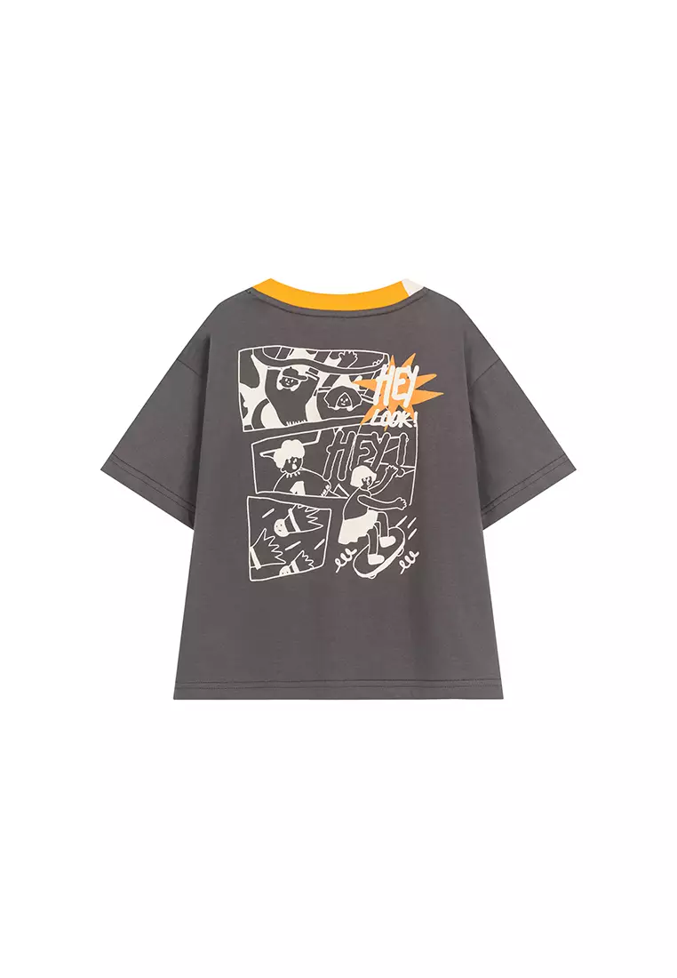 男童短袖T恤撞色圆领漫画印花棉布T恤