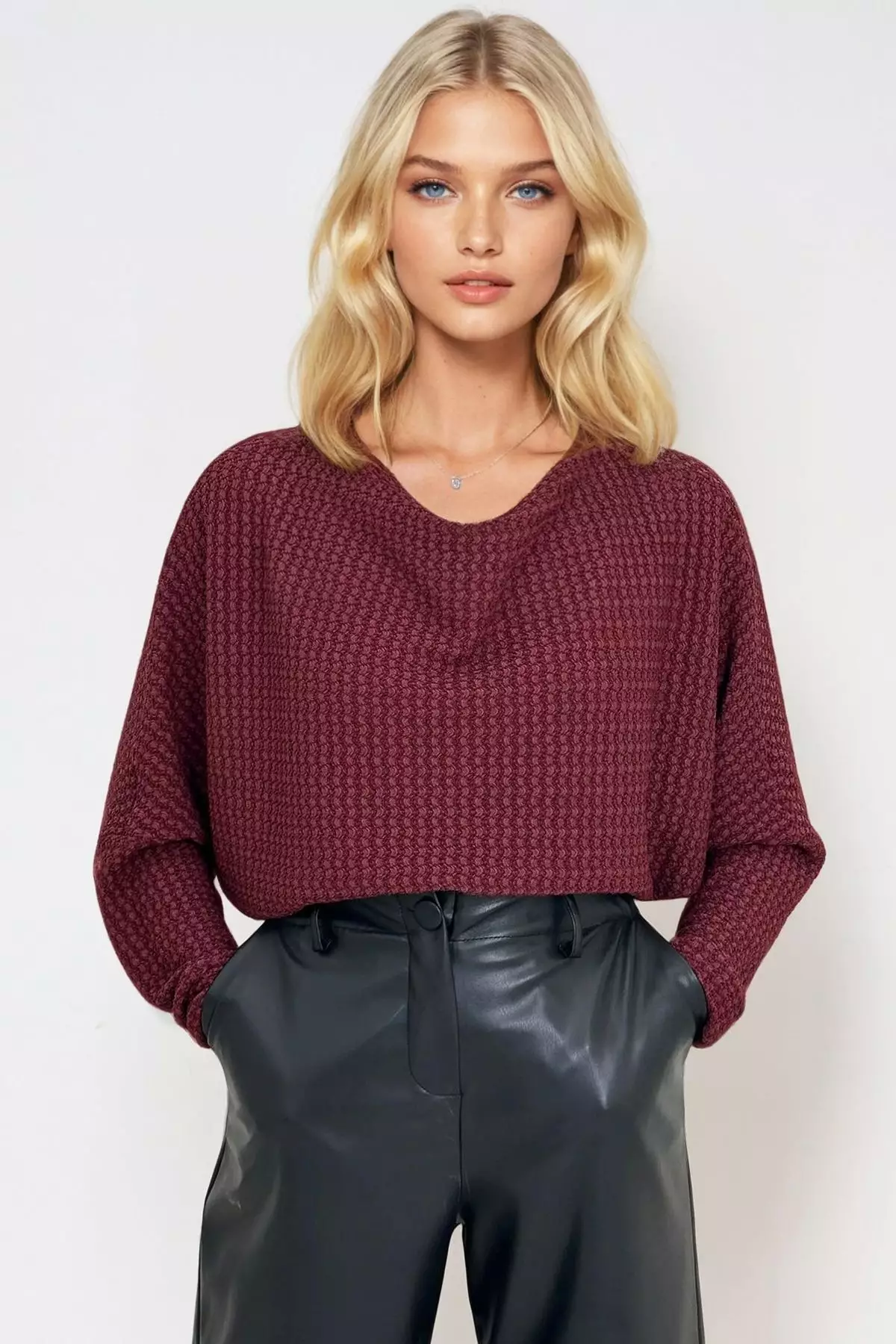 Women's Burgundy Degaje Collar Wide Cut Knitted Blouse