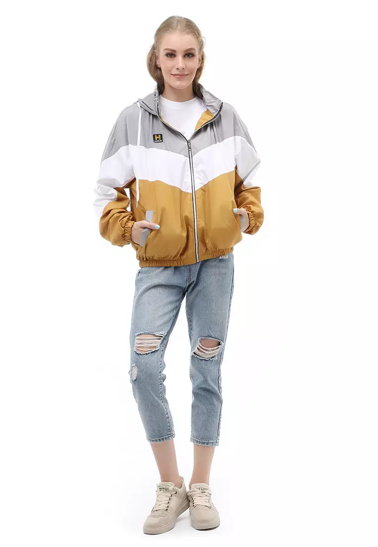 Hardwin Jacket Outer Wanita Hoodie Kombinasi 3 Warna Material Parasut Despo ORIGINAL - Gray White Yellow