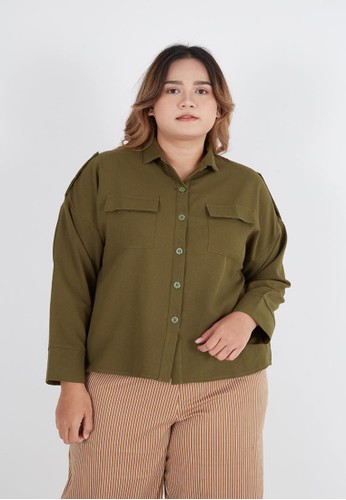 Sorabel green Giddia Plain Button Shirt Big Size Green 0DC9DAAC5BF4D9GS_1