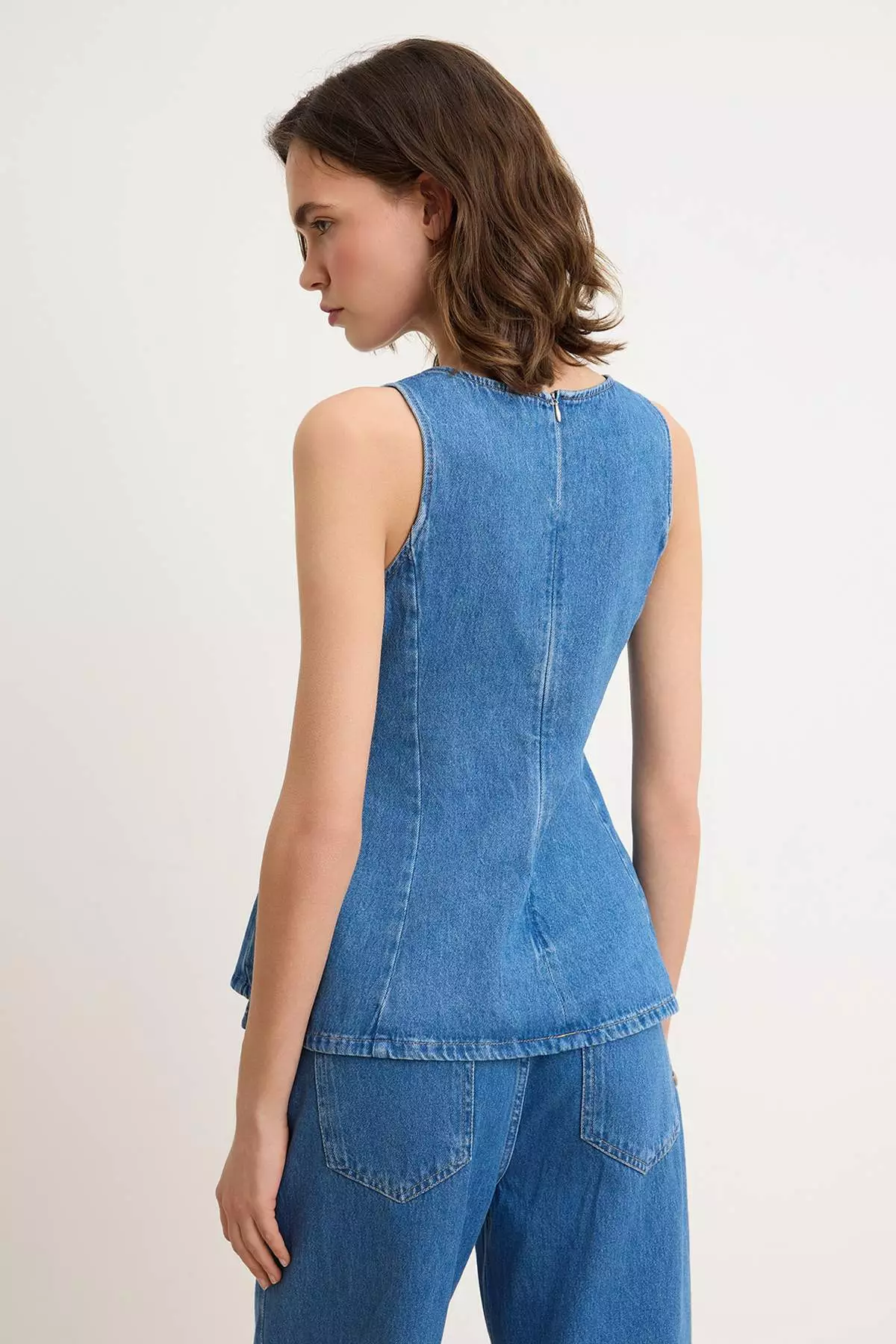 Blue Strap Peplum 1% Cotton Denim Blouse Twoss26Bz196