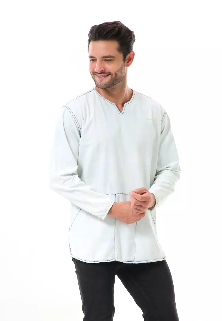 Leopold Kemeja Koko Jeans Pria Lengan Panjang Long Shirt Material Denim ORIGINAL - Soft Blue
