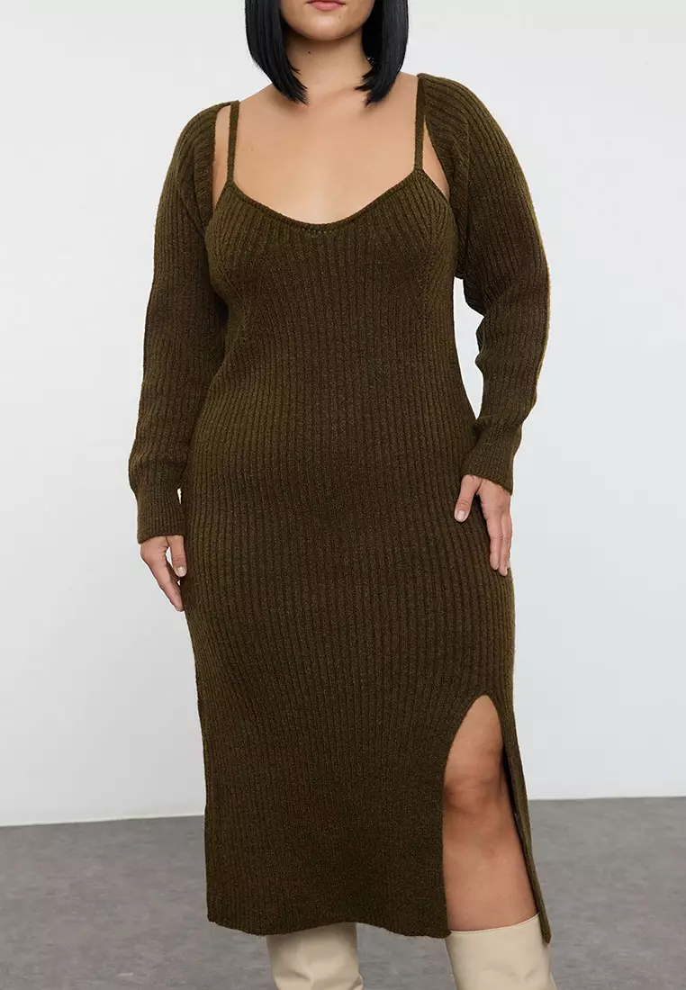 Khaki Ribbed Slit Midi Length Knit Dress & Bolero Set Tbbaw25Ah00070