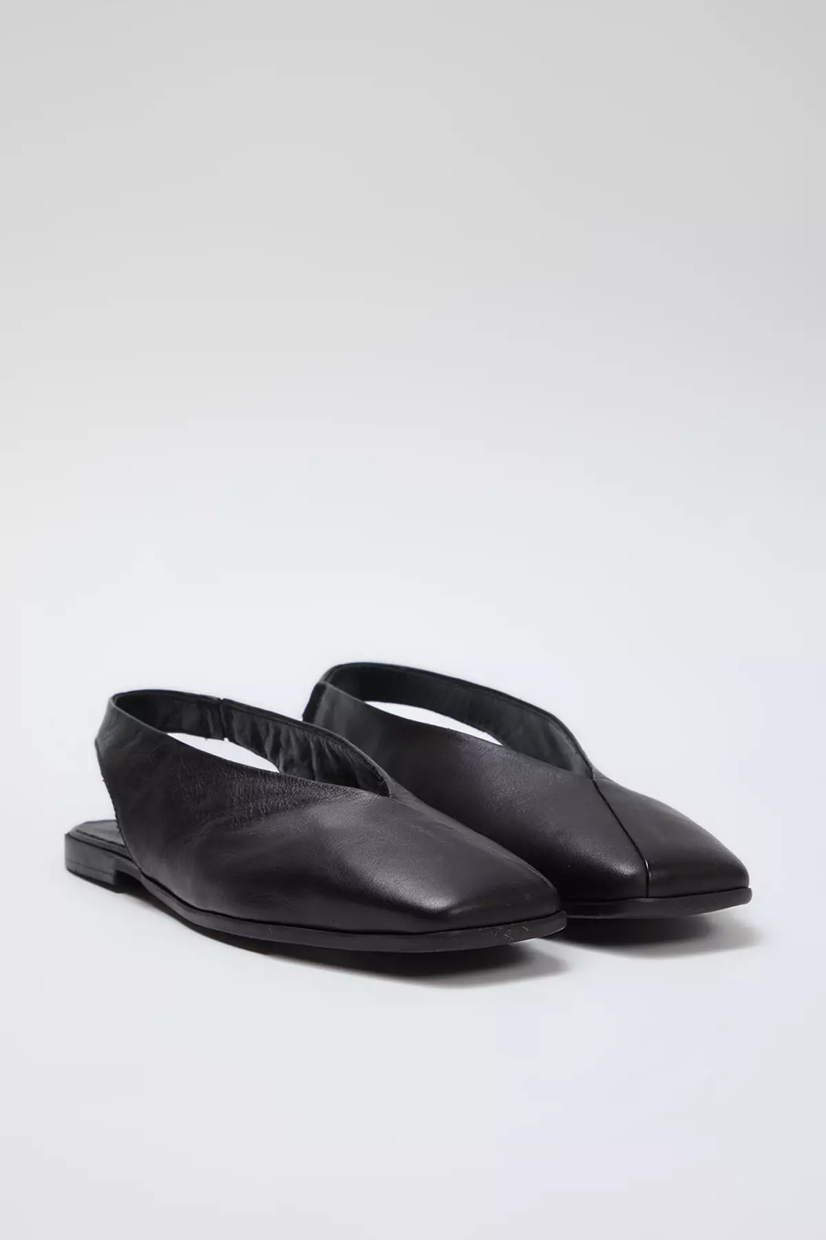 Black Genuine Leather Open Back Square Toe Women's Ballerinas Takss25Be00018