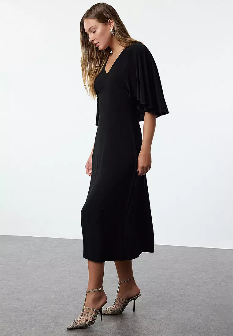 V-Neck Flared Sleeves Midi Dress