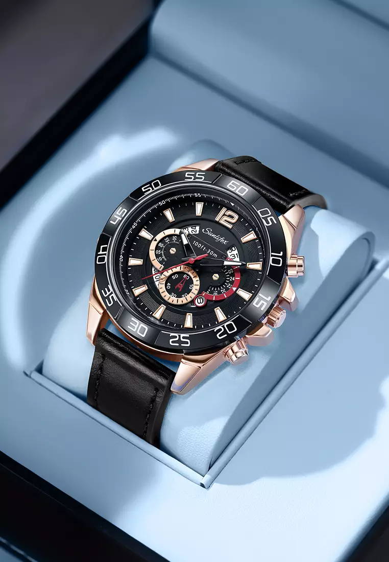 Jam Tangan Pria 9191 Original Kalendar Tali Kulit Anti Air Bercahaya Kuarsa Jam Tangan Cowok  allblack