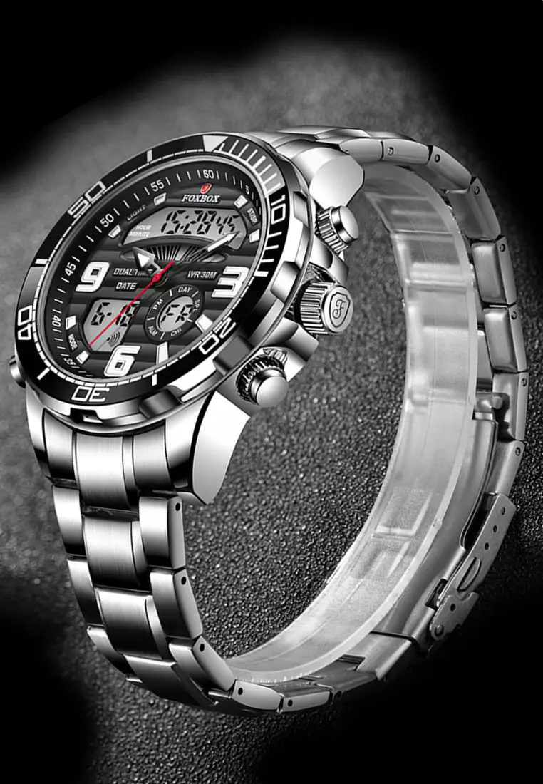 FOXBOX Unisex Stainless Steel Diver's Analogue/Digital Quartz Watch, Black Dial, Stainless Steel Bracelet, 30m Water Resistant