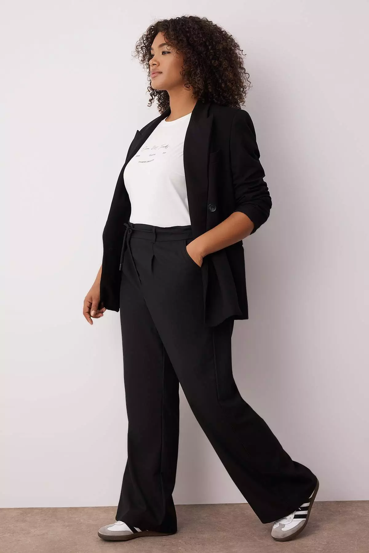 Black Rubber Waist Woven Plus Size Pants Tbbaw26Ar00000