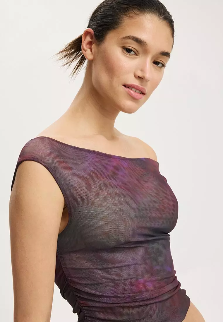 Gathered Mesh Off Shoulder Top