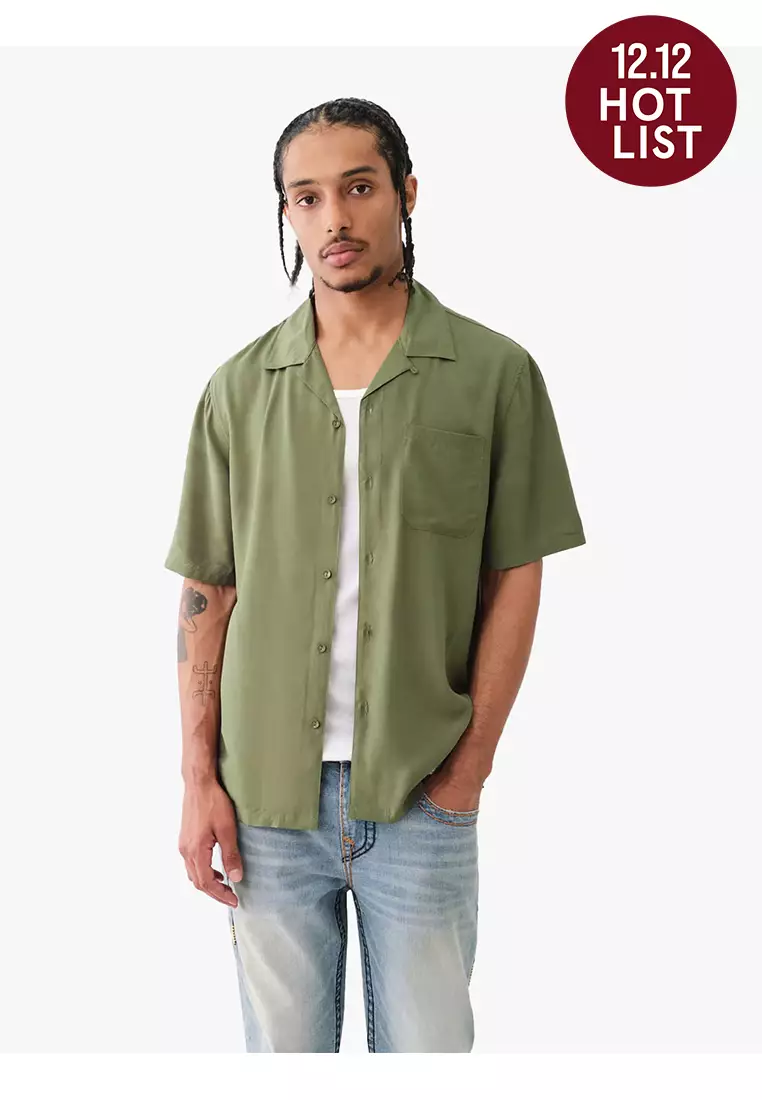 True Religion - Men Shirts - SS CAMP COLLAR SHIRT - Olive