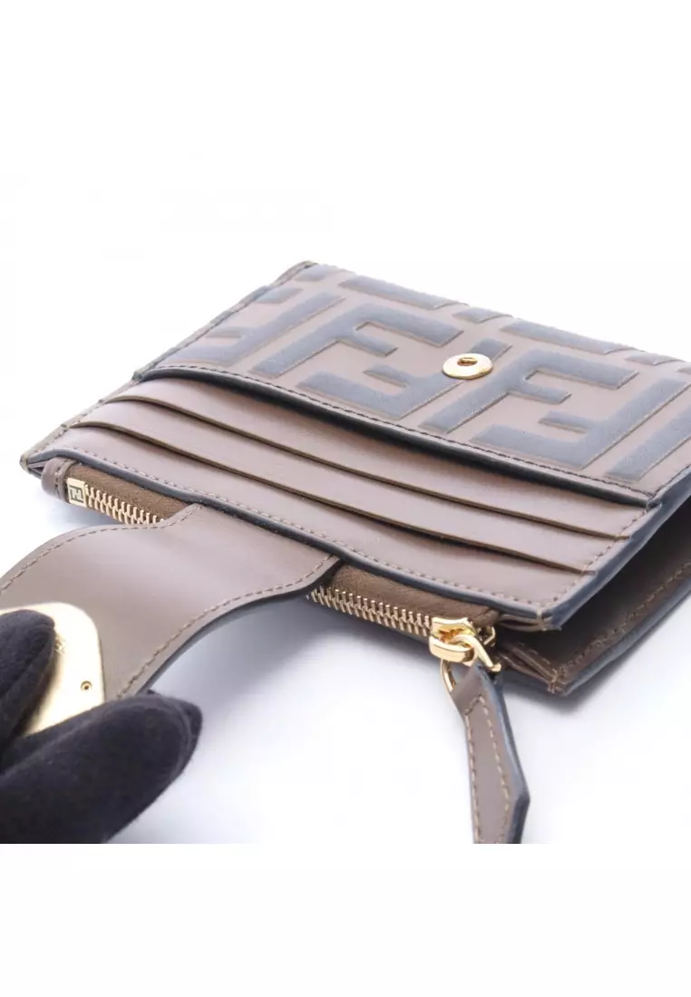 Pre-Loved Fendi FF Diamond card case coin purse leather Brown black